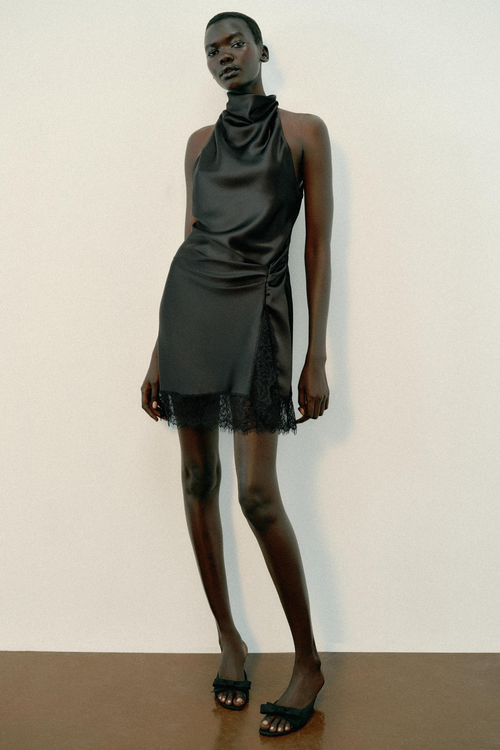 SATIN LACE HALTER DRESS